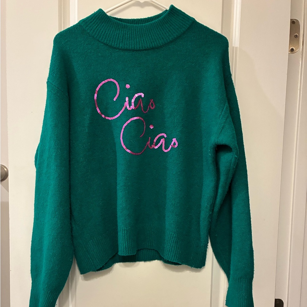 A New Day Green Sweater with Pink “Ciao” Script Size Small